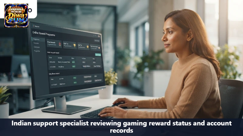 Indian support specialist reviewing gaming reward status and account records